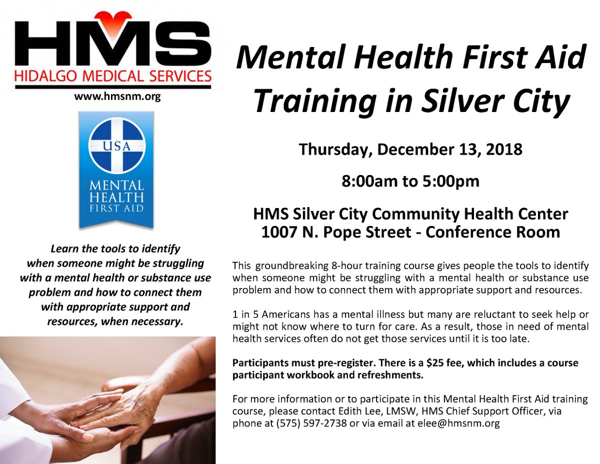 HMSNewMexico's tweet photo. @HMSNewMexico @MHFirstAidUSA This groundbreaking 8-hour training course gives people the tools to identify when someone might be struggling with a mental health or substance use problem and how to connect them with appropriate support and resources. https://t.co/LvVMVQMo7q