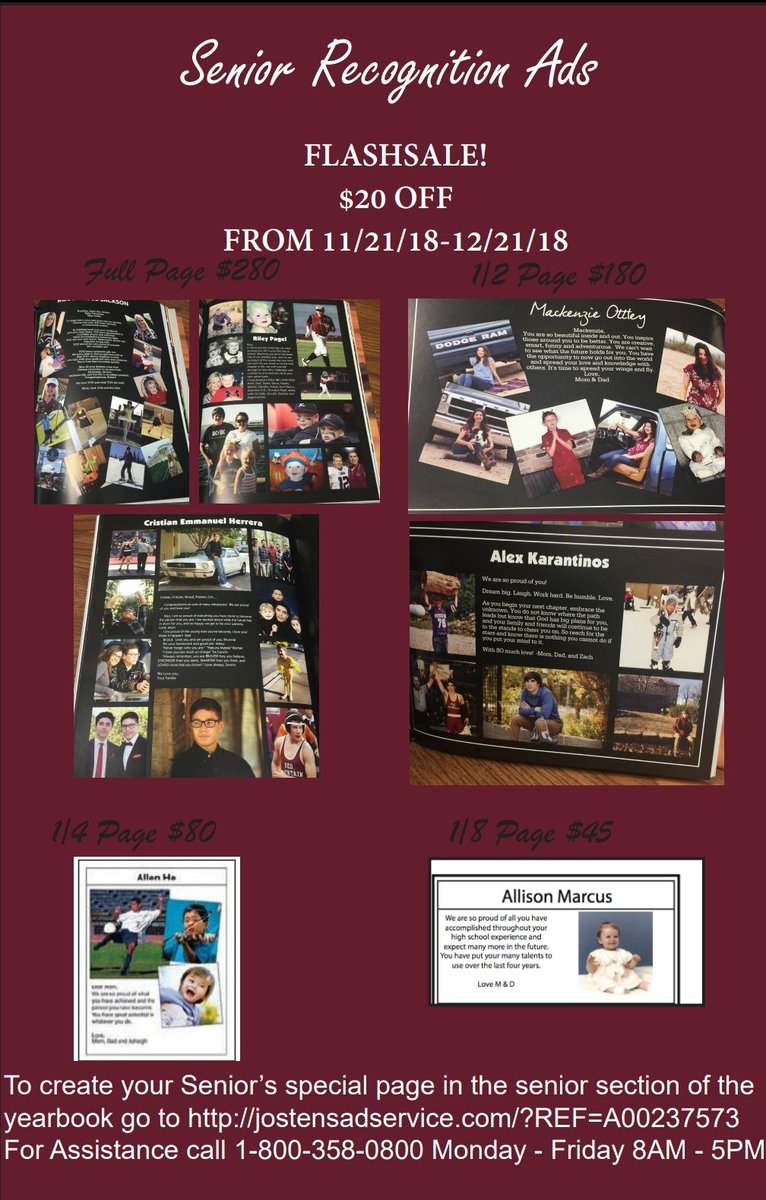 Senior Recognition Ads in the back of the yearbook are on sale! Parents and Grandparents love to write the special messages for you in your last highschool yearbook! 
Get started by clicking here: jostensadservice.com/?REF=A00237573