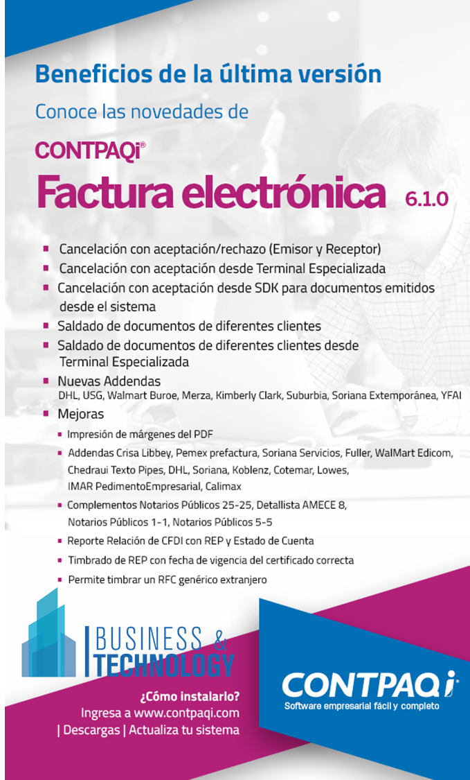 btcontacto's tweet photo. 👉Liberación de sistemas
#CONTPAQi® Factura electrónica versión 6.1.0

✔️Cancelación con aceptación (Emisor y Receptor9
✔️Cancelación con aceptación desde terminal especializada.
#TeamBusiness https://t.co/JV1vZX6zx8