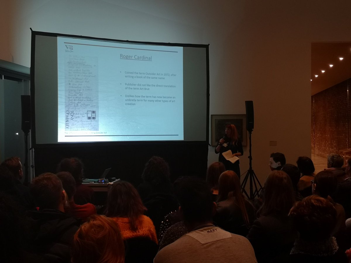 VentureArts's tweet photo. Creative Producer of Venture Arts, @J_L_Gallery, begins her presentation about #OutsiderArt and how Outsider Art isn't represented in mainstream art media and art spaces and negative connotations around the genre in the UK compared to the US, Paris and elsewhere. #PERSPECTIVESVA https://t.co/8QXSUSCiYr