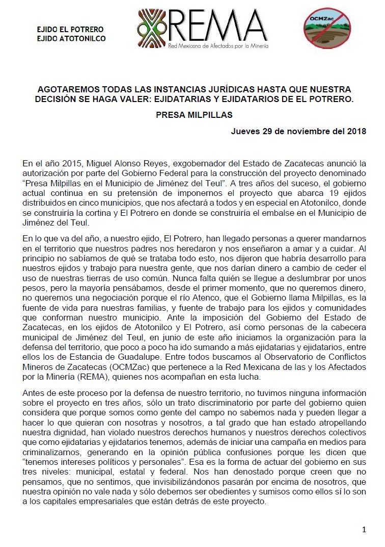MXREMA's tweet photo. COMUNICADO "AGOTAREMOS TODAS LAS INSTANCIAS JURÍDICAS HASTA QUE NUESTRA DECISIÓN SE HAGA VALER: EJIDATARIAS Y EJIDATARIOS DE EL POTRERO."
https://t.co/jQtOXgbuq8 https://t.co/JPuDbqc1VZ