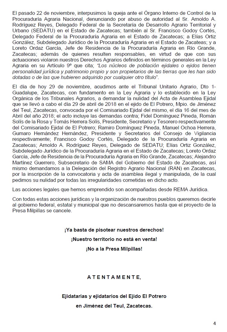 MXREMA's tweet photo. COMUNICADO "AGOTAREMOS TODAS LAS INSTANCIAS JURÍDICAS HASTA QUE NUESTRA DECISIÓN SE HAGA VALER: EJIDATARIAS Y EJIDATARIOS DE EL POTRERO."
https://t.co/jQtOXgbuq8 https://t.co/JPuDbqc1VZ