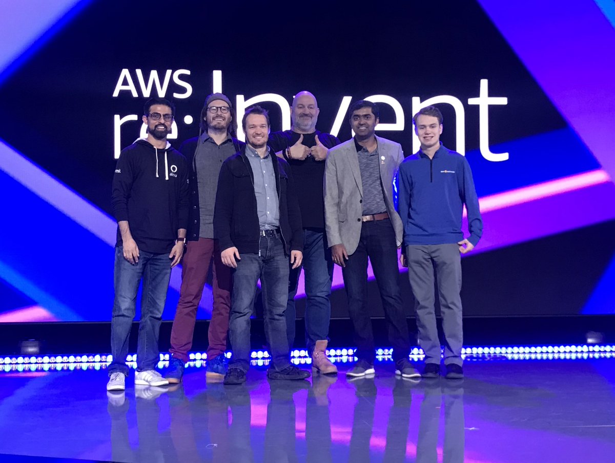 amit's tweet image. Perfect end to a fantastic keynote by @werner - with @alexadevs Alexa Hack Day Winners - Ryan Sivek, @bondad @AustinMathuw @SKesharaju. Congratulations and great work on the amazing skills you all built in less than 5 hours at #reInvent2018 #ExperienceAlexa