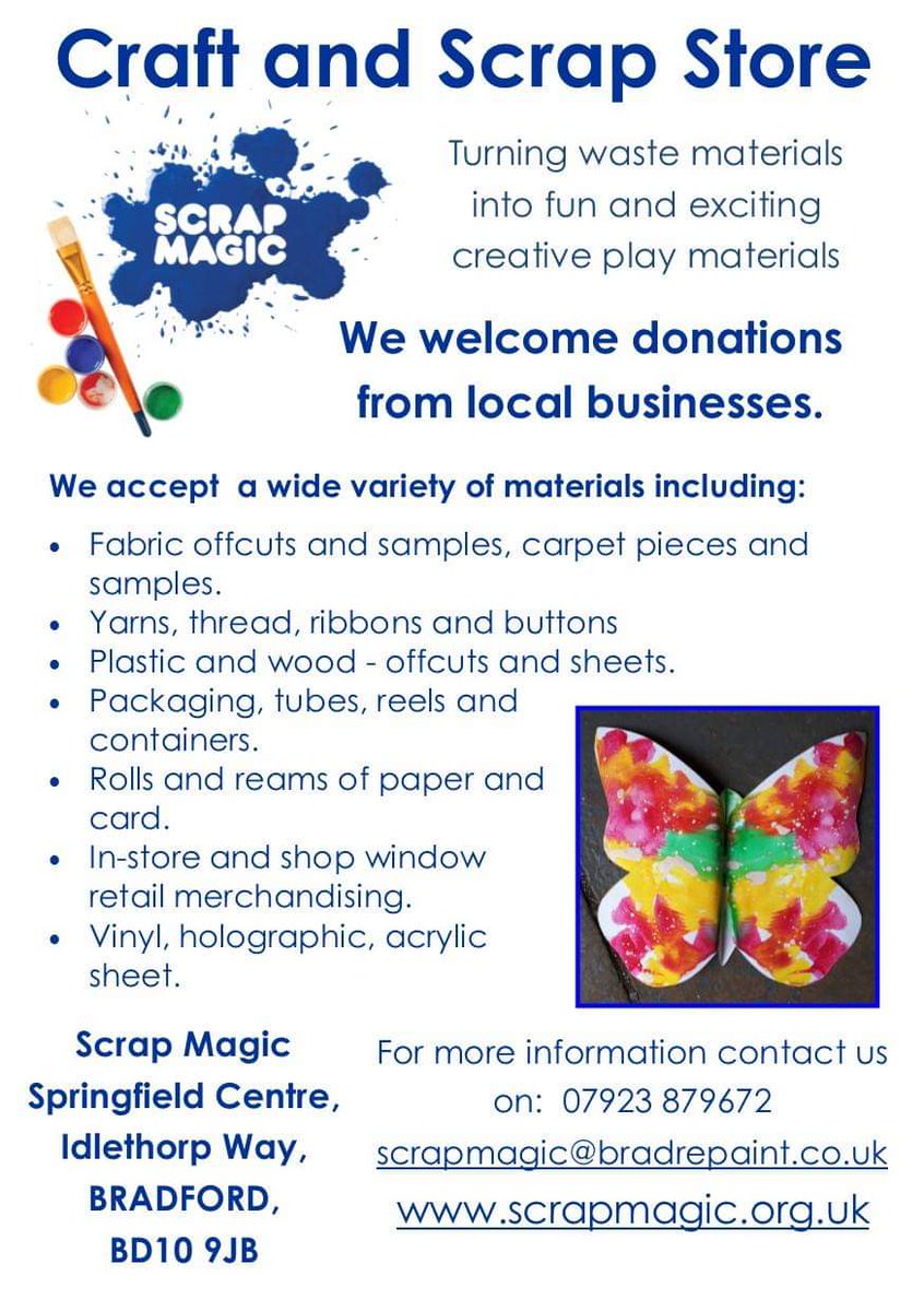 Businesses of #Bradford, donate your waste to <a href="/ScrapMagic1/">Scrap Magic</a> and we can #reuse it for creative activities in the community. It's a Win-Win situation, save on your waste costs and help the local community. You will be surprised what we can reuse, get in touch! 🙂