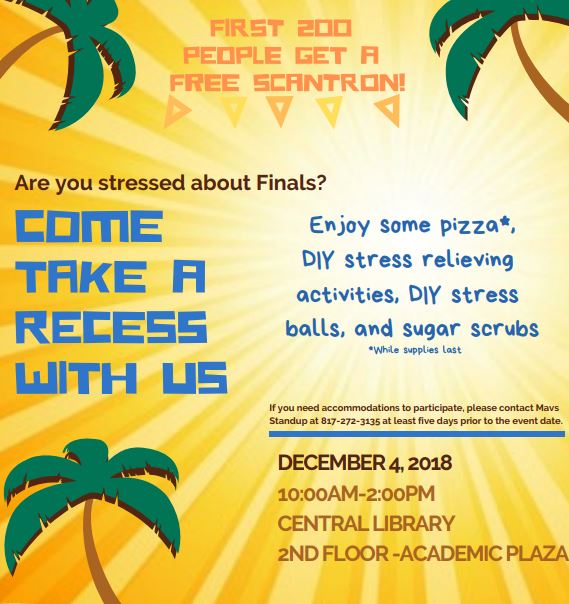 UTACSR's tweet photo. Come Join Us!!! Recess from Stress
Sponsors: Mavs Standup, Active Minds, UTA Libraries Center for Students in Recovery, Psychology Society, Off-Campus Mavericks, CAPS (Counseling and Psychological Services. https://t.co/LI8g3BQqyf