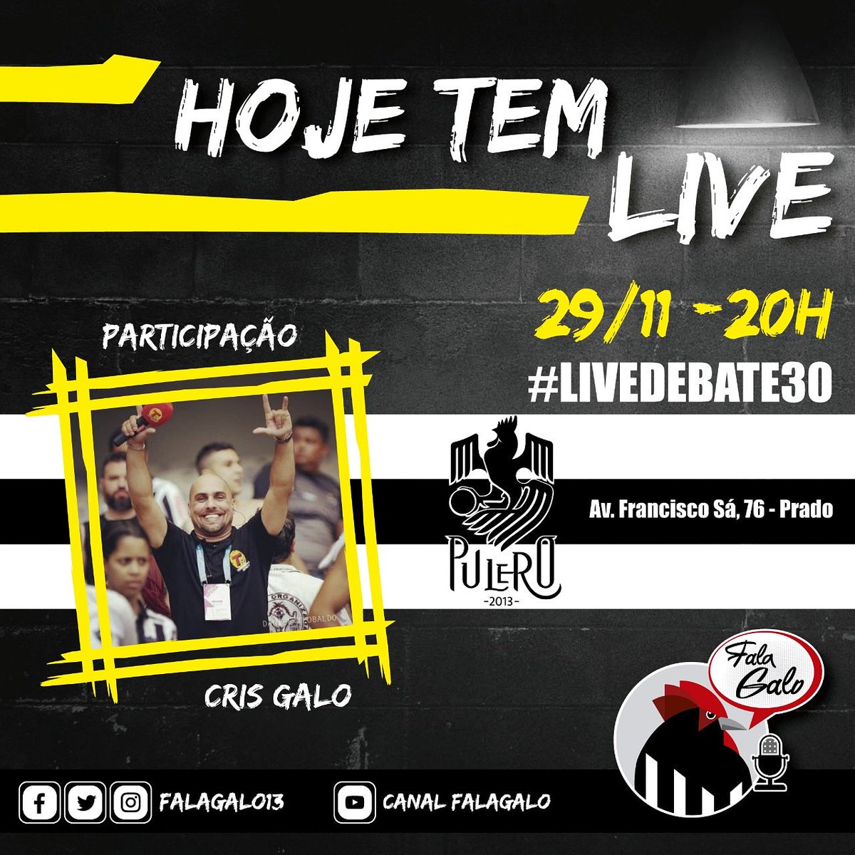 Falagalo13's tweet photo. Hoje às 20h no @Pulerobar receberemos o grande @CrisGalo. Para participarem, usem a hashtag #LiveDebate30
#FalaGalo10k #BlogFalaGalo #ImFG https://t.co/vcVOuFQCKq