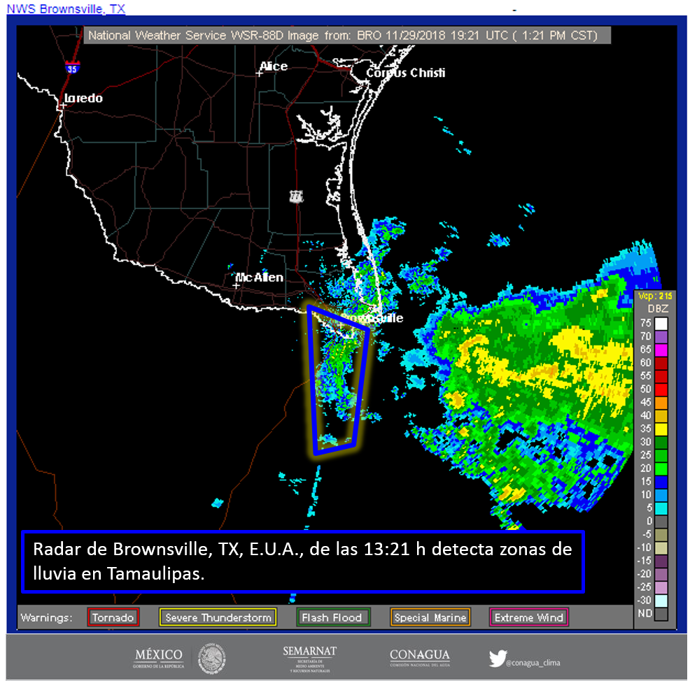 Radar de Brownsville TX, EUA., detecta zonas de #Lluvia en #Tamaulipas