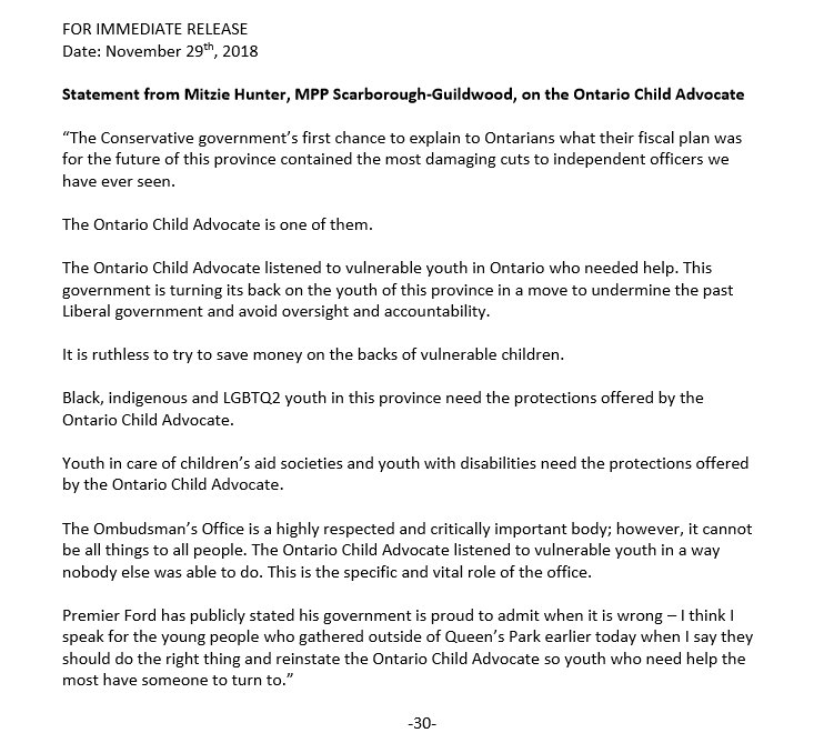 MitzieHunter's tweet photo. My statement on the government's heartless decision to axe the Ontario Child Advocate and why it must remain in place. @OntarioAdvocate
#onpoli #ScarbTO #KeepOCA https://t.co/sG1yxvjihE