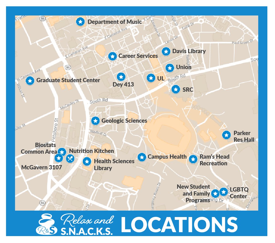 UNCPSM's tweet image. Next Monday through Friday, come by for Relax and S.N.A.C.K.S. sponsored by UNC Healthy Heels and Arts Everywhere!
#unchealthyheels #artseverywhere #relaxandsnacks #selfcare #finals #unc