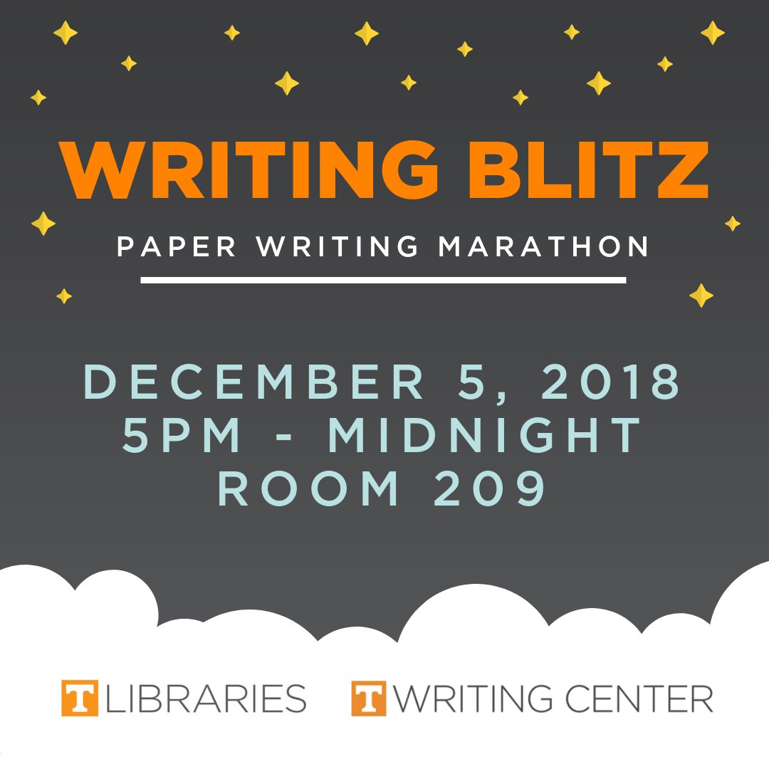 UTKLibraries's tweet photo. Writing deadlines encroaching? We've got your solution. Come write through the night with us and the @UTKWritingCtr on Wednesday! We'll help with research & writing, and we'll have snacks & drinks to keep you fueled! #WritingBlitz #WriteThroughTheNight #UTK #VolEvents https://t.co/aNlSZfxH4v