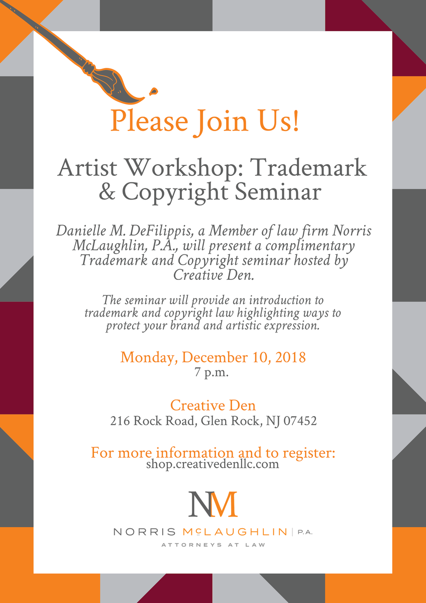 MoreThanUrMark's tweet photo. Attorney Danielle DeFilippis will present a complimentary #trademark and #copyright seminar on ways to protect your #brand and #ArtisticExpression! Register now for the seminar hosted by #CreativeDen in Glen Rock on December 10: https://t.co/Eg10t6FjwP https://t.co/vZbqNpVoeG