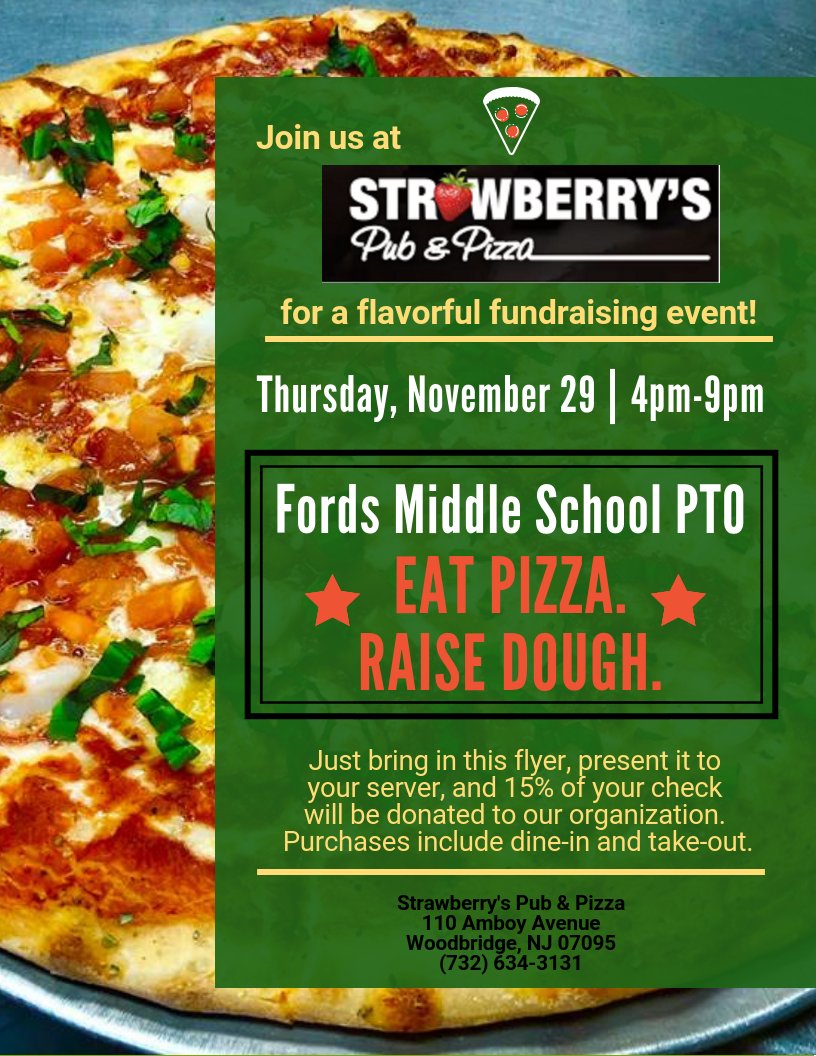 FordsMiddlePTO's tweet photo. It’s really very simple to participate in tonight’s flavorful fundraiser..✅ Visit Stawberry’s Pub & Pizza ✅ Present Fords PTO flyer ✅ Order ✅ Eat Pizza ✅ Raise Dough ✅ Support FMS student activities ✅ 👍 😊 @FordsMiddleWTSD @strawberryspub #eatpizzaraisedough #falconsfever https://t.co/g0Y03DvNc8
