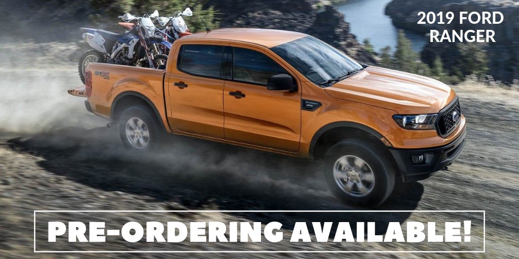 RustysFordTN's tweet photo. After eight long years the Ford Ranger is back on U.S. soil for 2019! Would you expect anything less than best-in-class torque, towing and payload? PRE-ORDERS AVAILABLE! Call us today at 888-286-7008.

#RustyWallaceFord #DriveHomeHappy #2019FordRanger https://t.co/dwoDlOrLRC