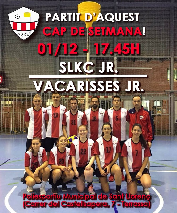 Dissabte juguem a casa, recorda que estem al Poliesportiu Municipal de Sant Llorenç (Carrer del Castellsapera, 7 - Terrassa)

01/12 a les 17.45h
SLKC JR. - VACARISSES JR.

Us hi esperem! 💪

<a href="/korfbalcat/">Fed. Cat. Korfbal</a> <a href="/ckvacarisses/">C.K. Vacarisses</a>