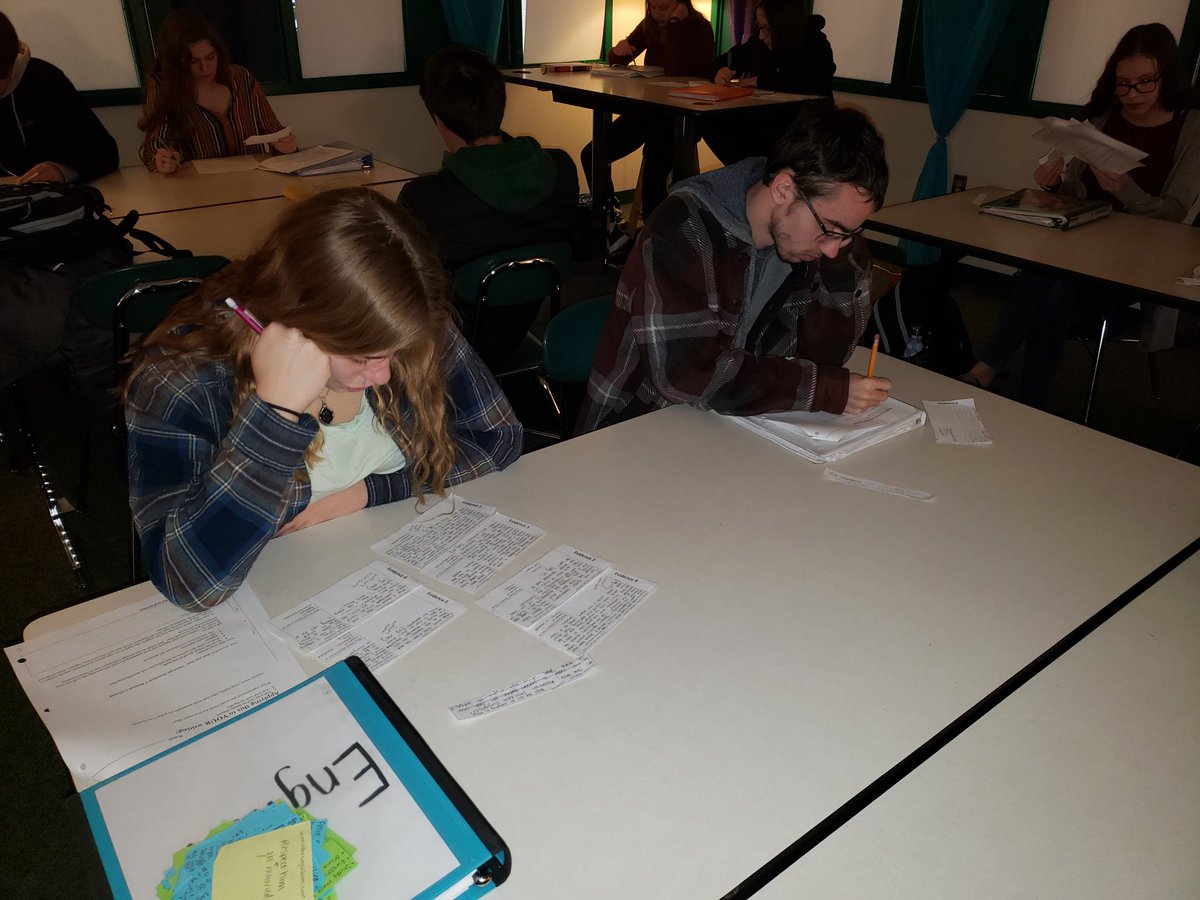 cathy_srock's tweet photo. English 11 students work with their evidence to determine the #lineofreasoning for their #literaryanalysis essay: by #literaryelement or #bigidea. Tomorrow, we start writing! #iteachmyfavoritewriters #srockela11 #organization #writingisaprocess #AlwaysLakeOrion https://t.co/nJe1QAHTyI