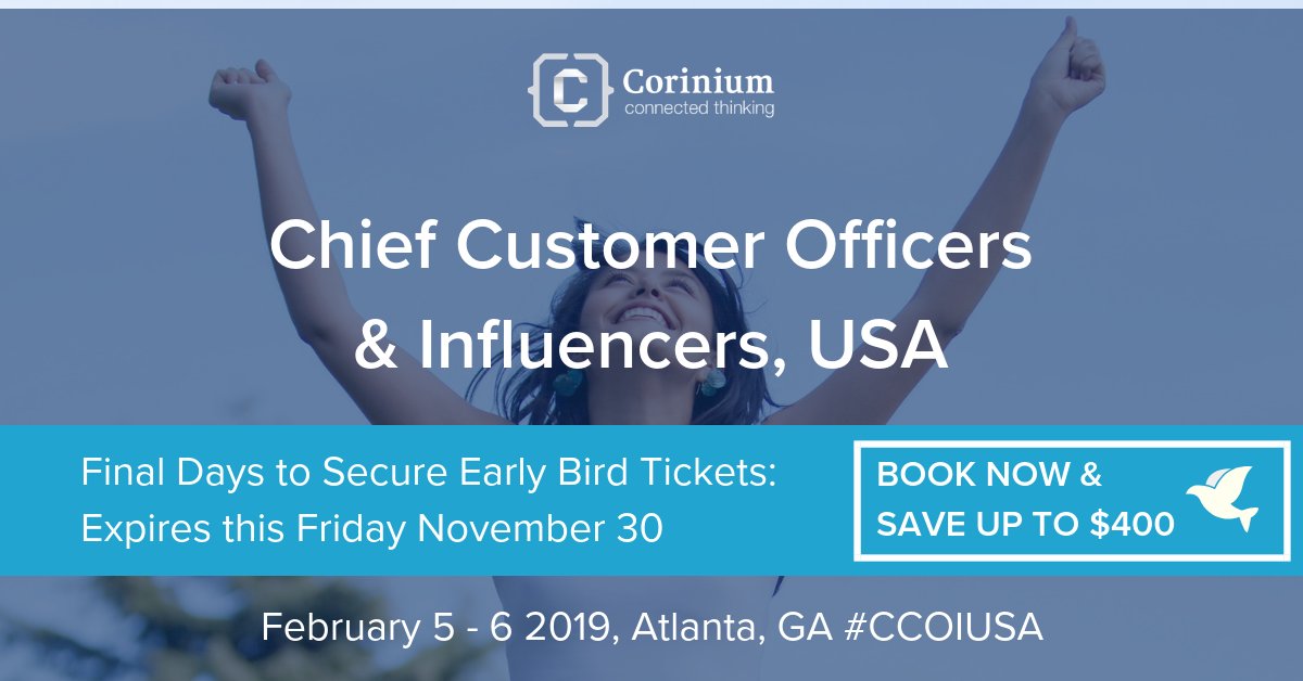 The early bird catches the worm! Final days to secure your Early Bird ticket and attend Chief Customer Officers &amp; Influencers, USA! Register online: bit.ly/2QnE6ZX #CCOIUSA #CX #CS
