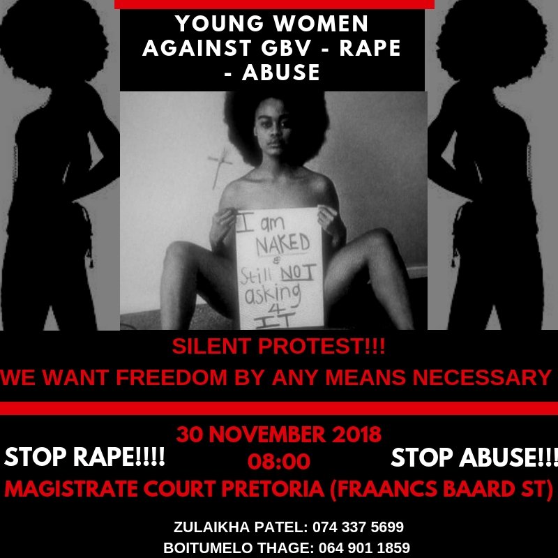 Boitumelothage_'s tweet photo. https://t.co/I8NEOF9Zc2

We are protesting against rape, abuse and an unjust justice system We want justice NOW. 

#ThisIsNotConsent #16DaysOfActivism @bonglez @Powerfm987 @Radio702 @SAfmnews @eNCA @TheCitizen_News @TimesLIVE @destinymagazine @ewnreporter https://t.co/Ccefj0l5YR