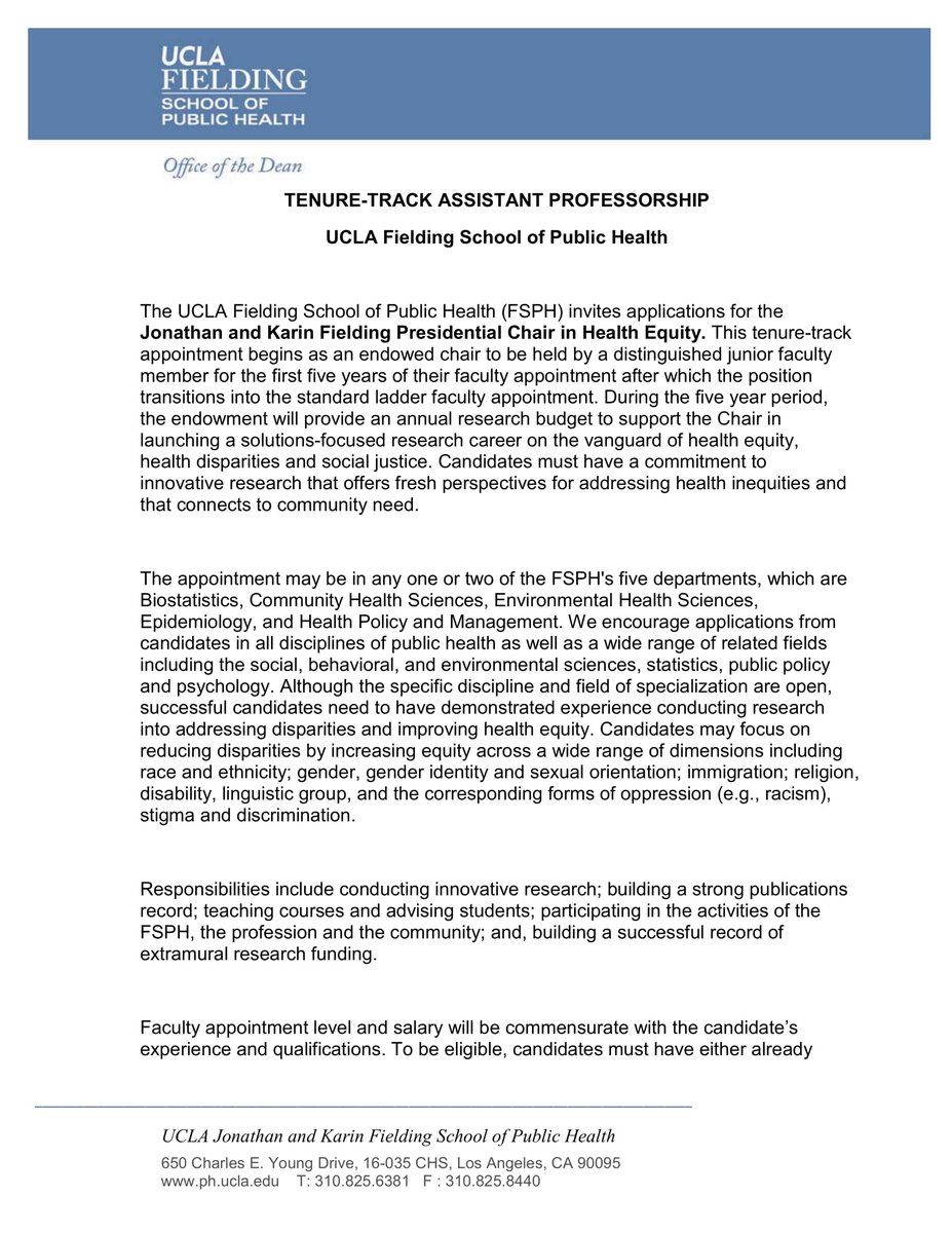 .@UCLAFSPH invites junior faculty applications for the Jonathan and Karin Fielding Presidential Chair in Health Equity.
Applications are due Jan 31, 2019!!
https://www.racialhealthequity.org/positions