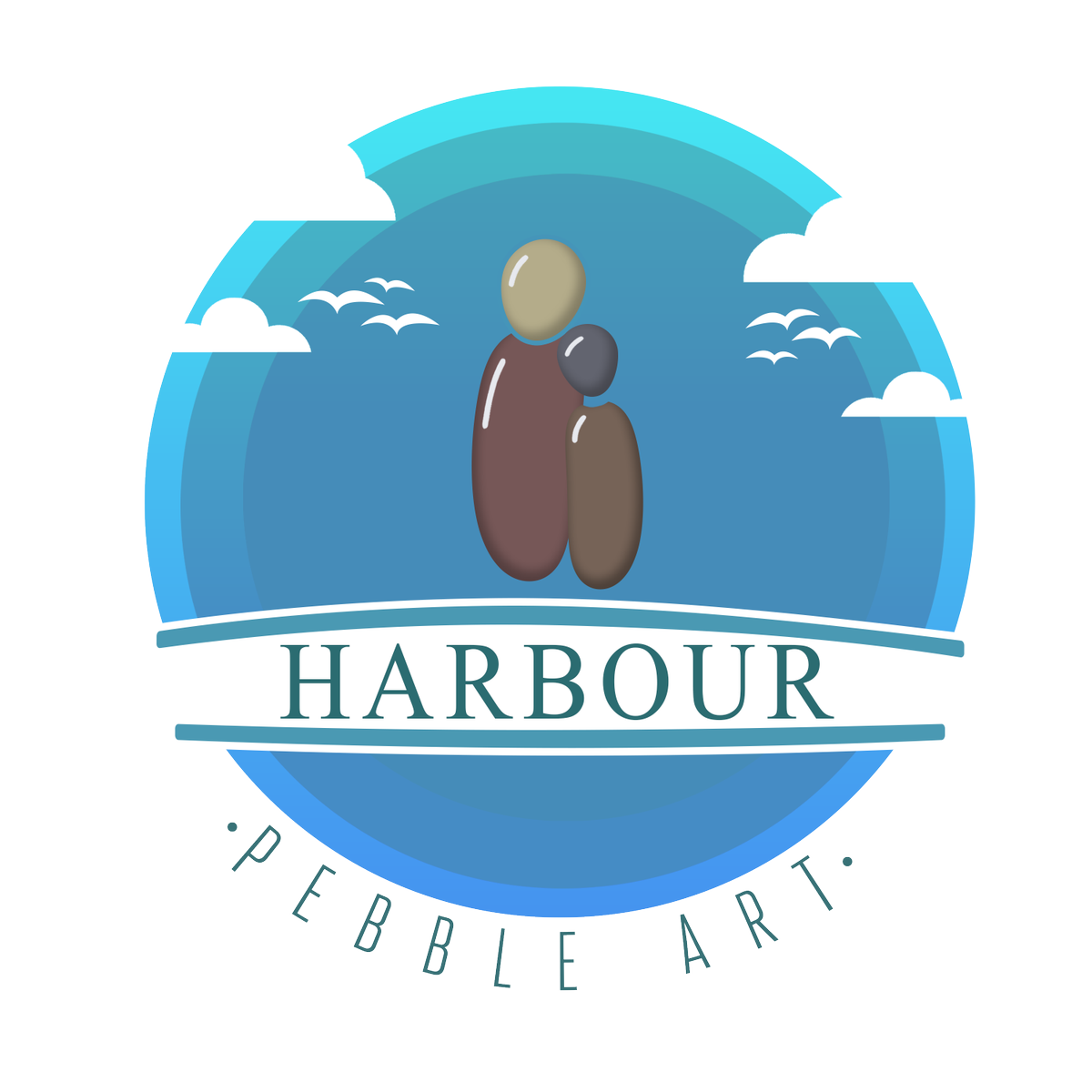 These are our #harbourpebbles logos!
We believe that these 3 logos complement our brand perfectly though simplicity as well as having a unique design. 
The blue design is our classic logo, used primarily for our social media and website. It offers us recognisable branding.