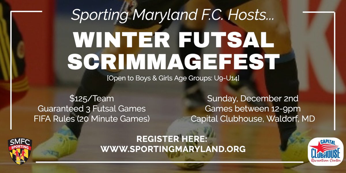 SportingMD's tweet image. Calling all U9-U14 boys &amp;amp; girls Futsal teams in the Southern Maryland area!! ⚽️

Sporting Maryland FC is excited to host the Winter Futsal ScrimmageFest this Sunday, December 2nd at the Capital Clubhouse in Waldorf, Maryland. 🏆 

Register here: sportingmaryland.org/news/sporting-… #futsal
