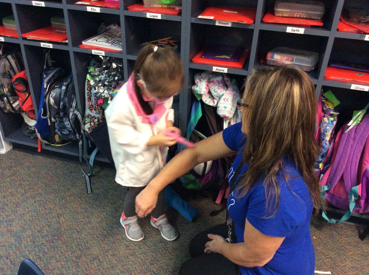 TJKinderClass's tweet photo. Nurse Amy getting a taste of her own medicine! #wilmeth #careerdayAtTheW https://t.co/i2ygPfCm8f