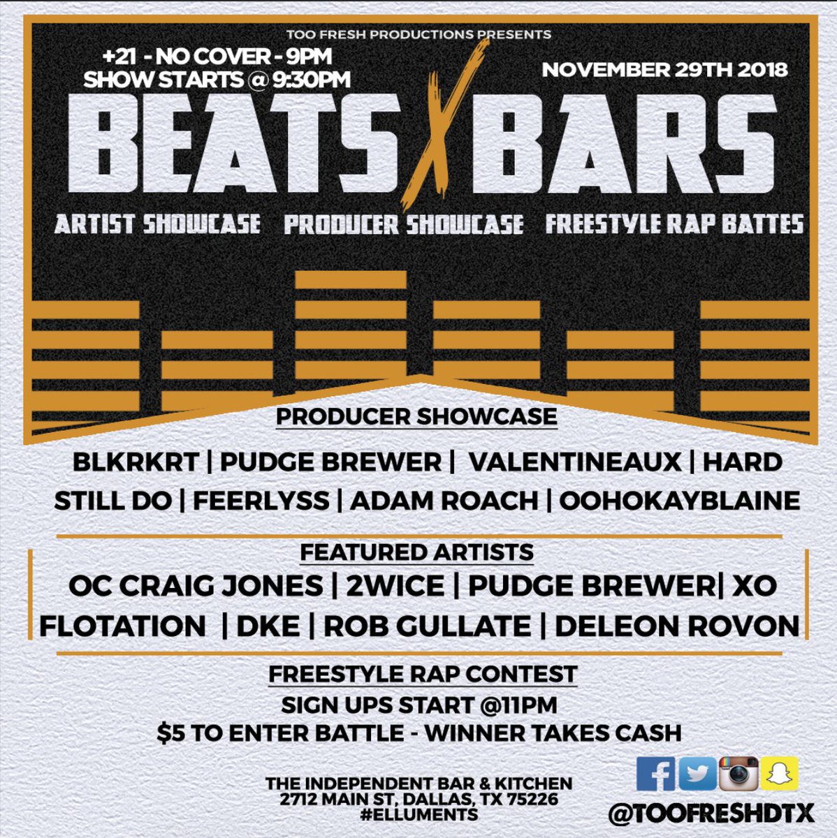 _LeoJ_'s tweet photo. #BeatsXBars TONIGHT in Deep Ellum. #Free event. Producer/Artist showcase w/ @lost_and_found_thrift @pudgebstyles @ValentineauxVMG @adamroachmusic @oohokayblaine @Beezytha3rd @2wiceofficial @MRPAEME @FlowtationDFW @TroydMt @RobGullatte @DeLeonRovon #DallasHipHop #DFWProducers https://t.co/pjMEko6Mz6