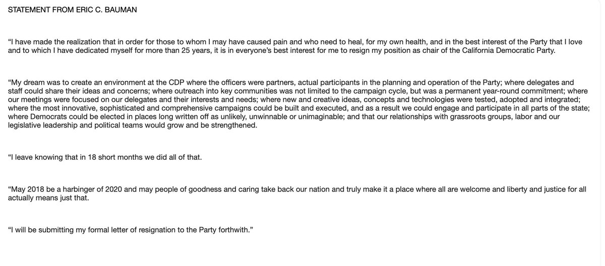 melmason's tweet photo. Eric Bauman has resigned as chairman of the California Democratic Party. Full statement: https://t.co/CwRA7pcH7Q