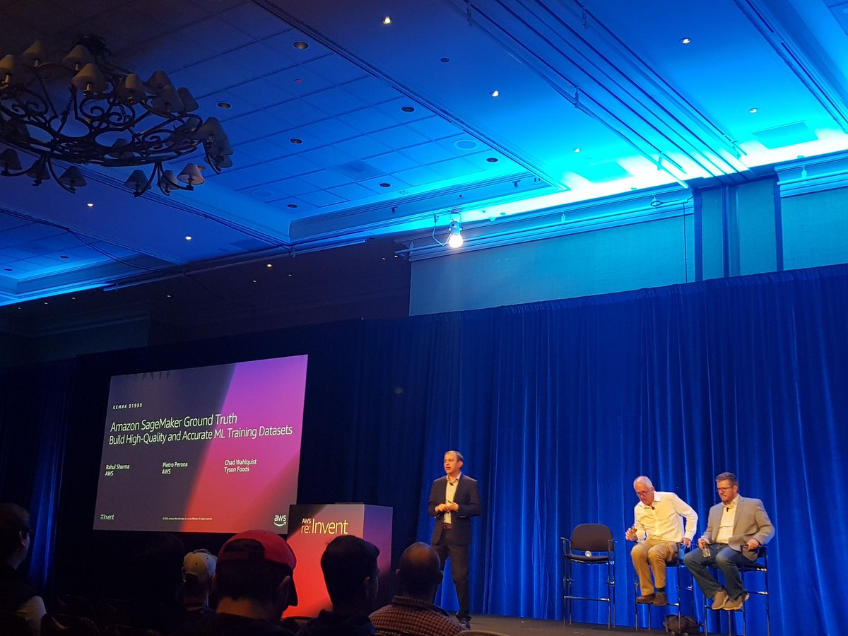 AWSEvents's tweet photo. Newly launched Amazon SageMaker Ground Truth session in full swing with @rashrtwit , Pietro Perona, AWS &amp; Chad Wahlquist, Director Emerging Tech,Tyson Foods. #reInvent https://t.co/ZbqYBQI6Ai