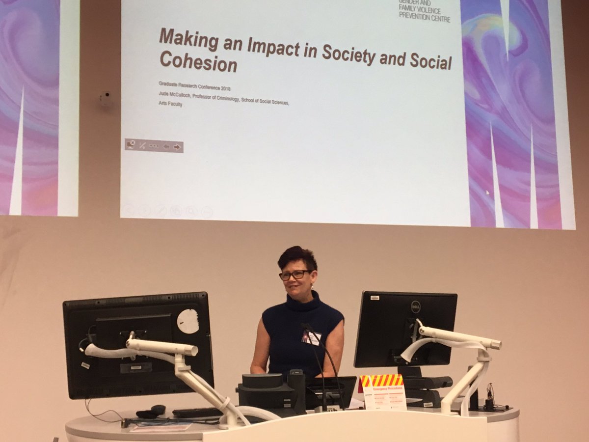 MonashGFV's tweet photo. Do what you love. With people that you like. About things that matter. @Jude_McCulloch presenting this morning alongside Christine Nixon and @andrew_markus on research impact and social cohesion. Monash Graduate Research Conference #GRC2018 https://t.co/lLsmKAWdG1