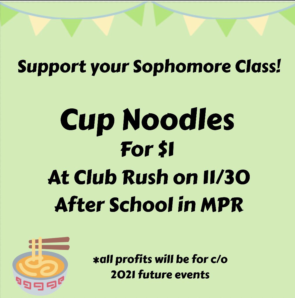 sthsco21's tweet photo. Tomorrow after school we will be selling cup noodle! $1 to support c/o 2021!💚💚 https://t.co/jJhqH3Omqt