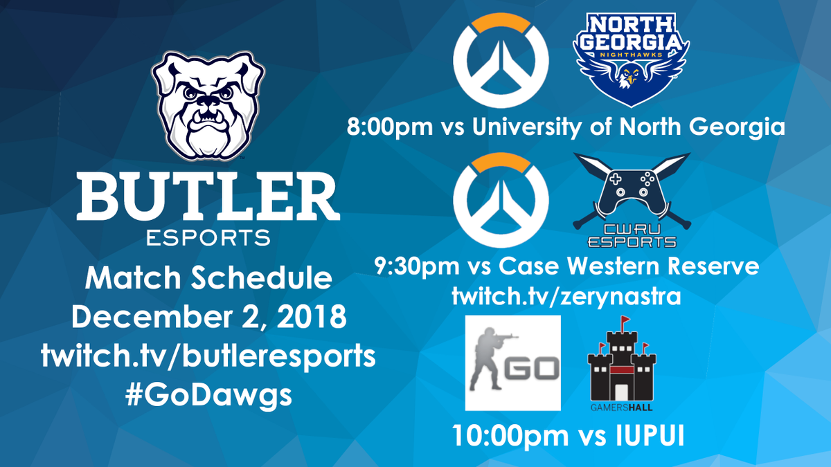 BUClubEsports's tweet photo. #ButlerOW will be taking on @UNG_News and @CWRU (https://t.co/geQo7wDw6w) tonight, followed by #ButlerCSGO vs @IUPUIGamersHall! #GoDawgs https://t.co/1A81ixLlBN