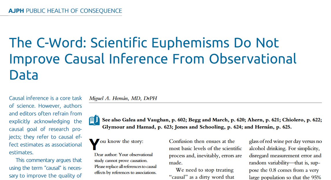 Correlation does not mean causation, but "if your thinking clearly  separates association from causation, make sure your writing does too."  Even if all you have is observational data.

<a href="/_MiguelHernan/">Miguel Hernán</a>'s paper entertained <a href="/EmoryEPI/">Emory Epidemiology</a> journal club today
ajph.aphapublications.org/doi/pdf/10.210…