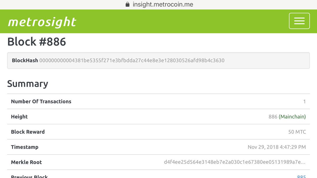 #Metrocoin #Cryptocurrency Blockchain reaches Entry 886 : insight.metrocoin.me/block/00000000… #MTC