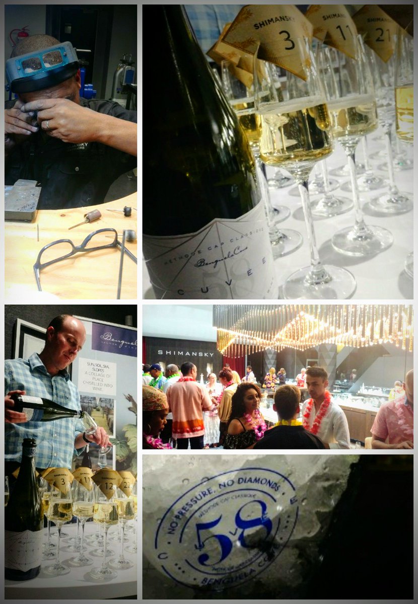 Pouring <a href="/BenguelaCove/">Benguela Cove Lagoon Wine Estate</a> #Cuvée58 for the first time in public at @ShimanskySA at the Rockwell, Cape Town - as sparkly and charming as the pieces on display. Thank you for this wonderful oppertunity. You rock! In all facets! <a href="/johannfourie/">Johann Fourie</a>