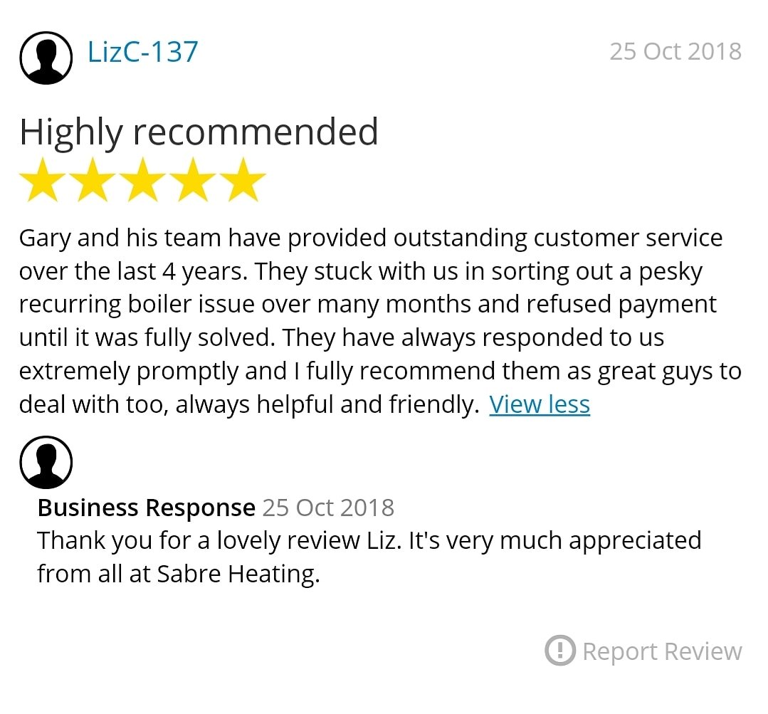 Day 6 of sharing customer reviews.

Liz is one of our valued long term customers. We appreciate her loyalty to Sabre and hope to work with Liz for many years to come.

Many thanks for the lovely review Liz!

#sheffield #southyorkshire #derbyshire #chesterfield #yorkshire #heating