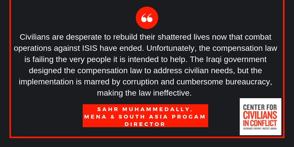 CivCenter's tweet photo. RELEASED TODAY: “We Hope, But We Are Hopeless” by #CarolineBaudot and @Sahrmally takes a hard look at the implementation of the #CompensationLaw covering harm to civilians during #ISIS (Daesh) operations:

https://t.co/9OnnfRhYox

#CIVICIraq

With support from @AuswaertigesAmt https://t.co/Zs57nEnBCG