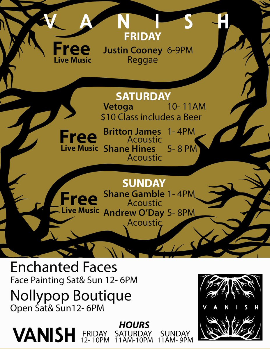 Here's what is going on this weekend. Come out and enjoy live music, check out Nollypop boutique, get your face painted with Enchanted faces, and have a great pint of beer or glass of wine.