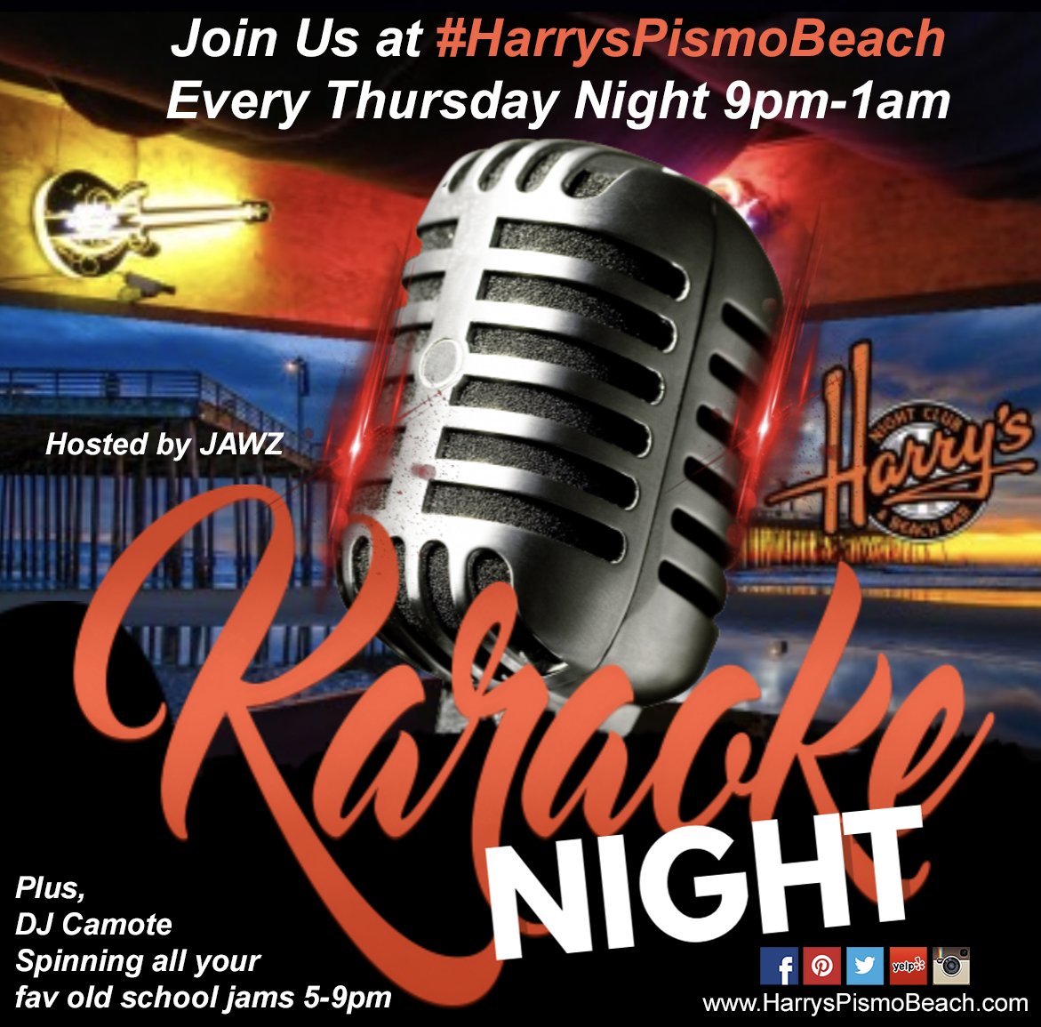Tonight FRONT ROW KARAOKE is hosting our #KaraokeNight at #HarrysPismoBeach tonight at 9pm! Plus, we've got #DJCamote from 5-9 spinning all your favorite 80s/90s and old school tunes! Come on down and join us! It's one of the best nights to be at Harry's!