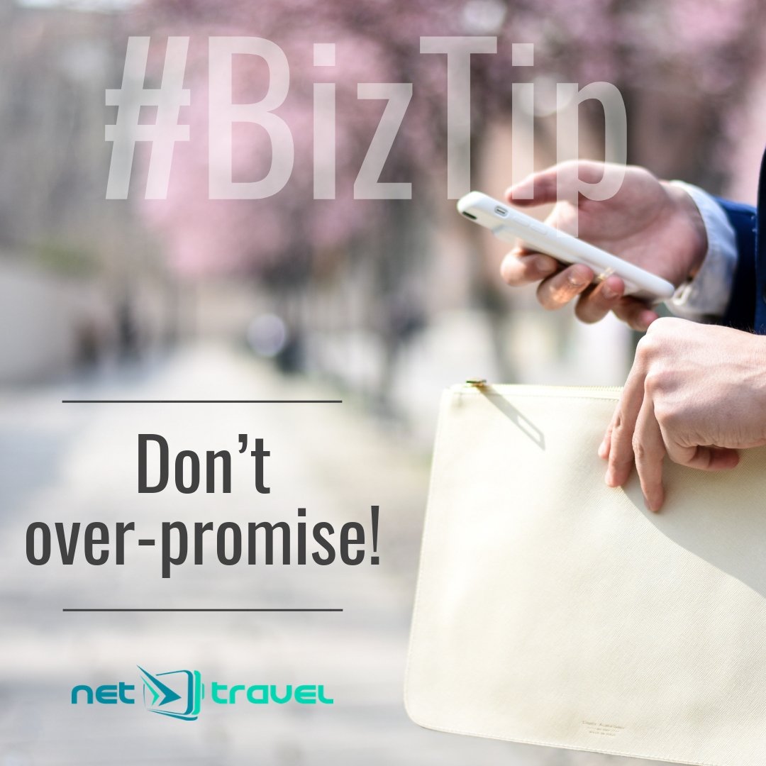 NetTravel_io's tweet photo. Don’t over-promise!
Over-promising and under-delivering will make you lose credibility. Keep all the information about promotions and product descriptions as accurate as possible.

#BizTip #business #Entrepreneur #StartupTip #Thursdaymotivation https://t.co/0wKFh948jv