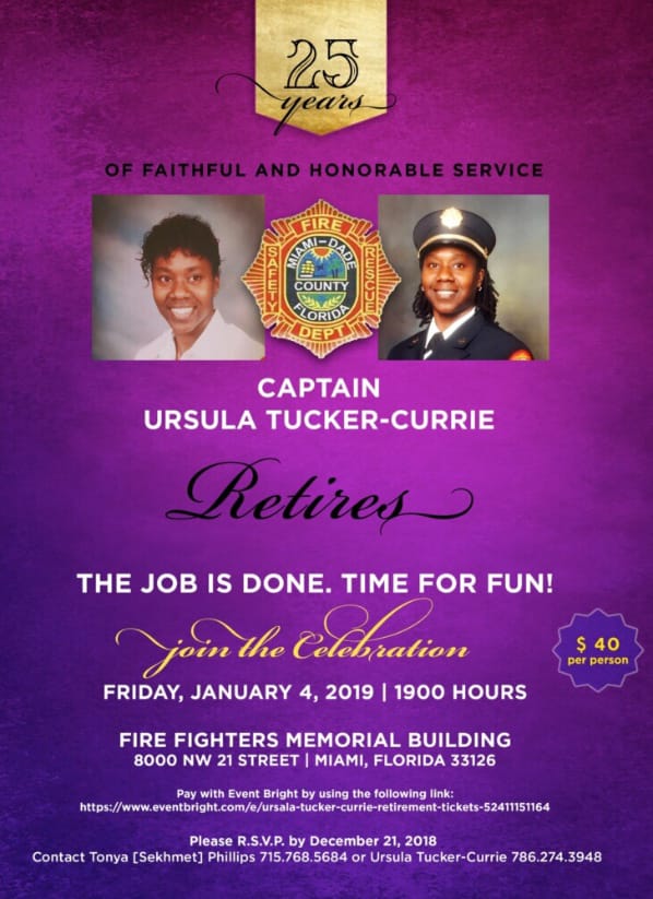 Pfacharities's tweet photo. The @Pfacharities would like to Congratulate Captain Ursula Tucker-Currie on 25 years of service with @MiamiDadeFire. We wish you a healthy and happy retirement. #PFACharities #gearedupforfire #GameChangers #Miami #community #support #family #GivingBackIsWhereItsAt https://t.co/PaT6jRPSn9