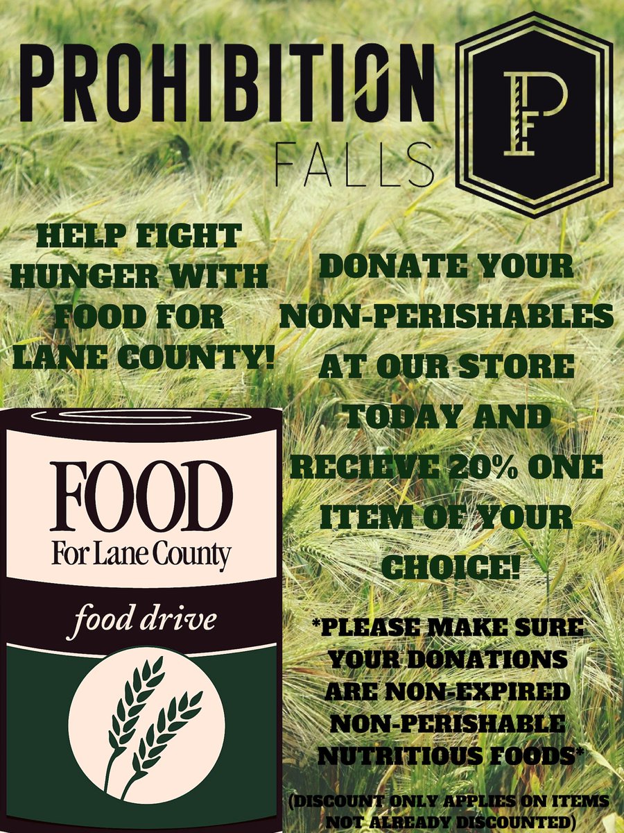 ProhFalls420's tweet photo. Give Back this Holiday Season! #FoodforLaneCounty at Prohibition Falls! Help Us Fight Hunger! Bring in your Non-Expired Nutritious Non-Perishables and Receive 20% off One Item of your Choice! 💜 https://t.co/KGxOeSeikO