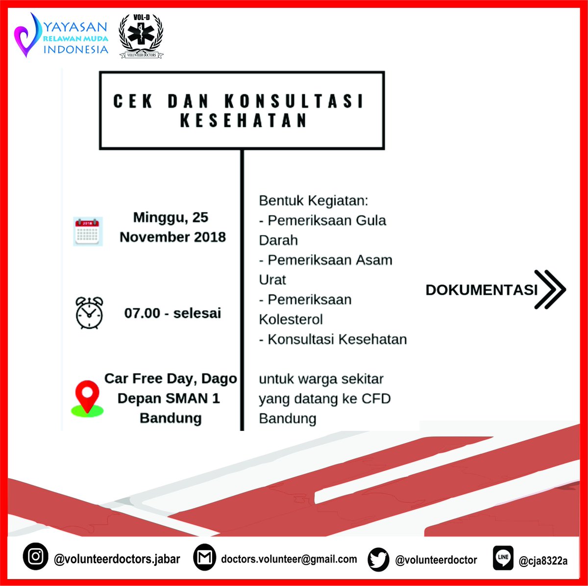 VolunteerDoctor's tweet photo. [PRESS RELEASE CEK KESEHATAN DAN KONSULTASI KESEHATAN]

Telah berlangsung kegiatan Cek Kesehatan dan Konsultasi Kesehatan di Car Free Day, Dago di depan SMAN 1 Bandung yang di selenggarakan pada 25 November 2018. Penasarankan bagaimana kegiatannya berlangsung? yuk kita lihat! https://t.co/DnJja8C9HV