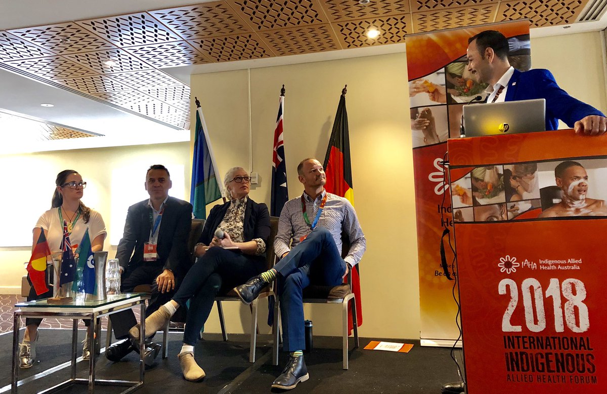 IAHA_National's tweet photo. Panellists - Krystal Harrison, Dr Chris Bourke, Prof. Kerry Arabena and Drew St Laurent discussing ‘The power of an inter-professional workforce’ #IAHA_Forum18 https://t.co/tnpvc9FHQy