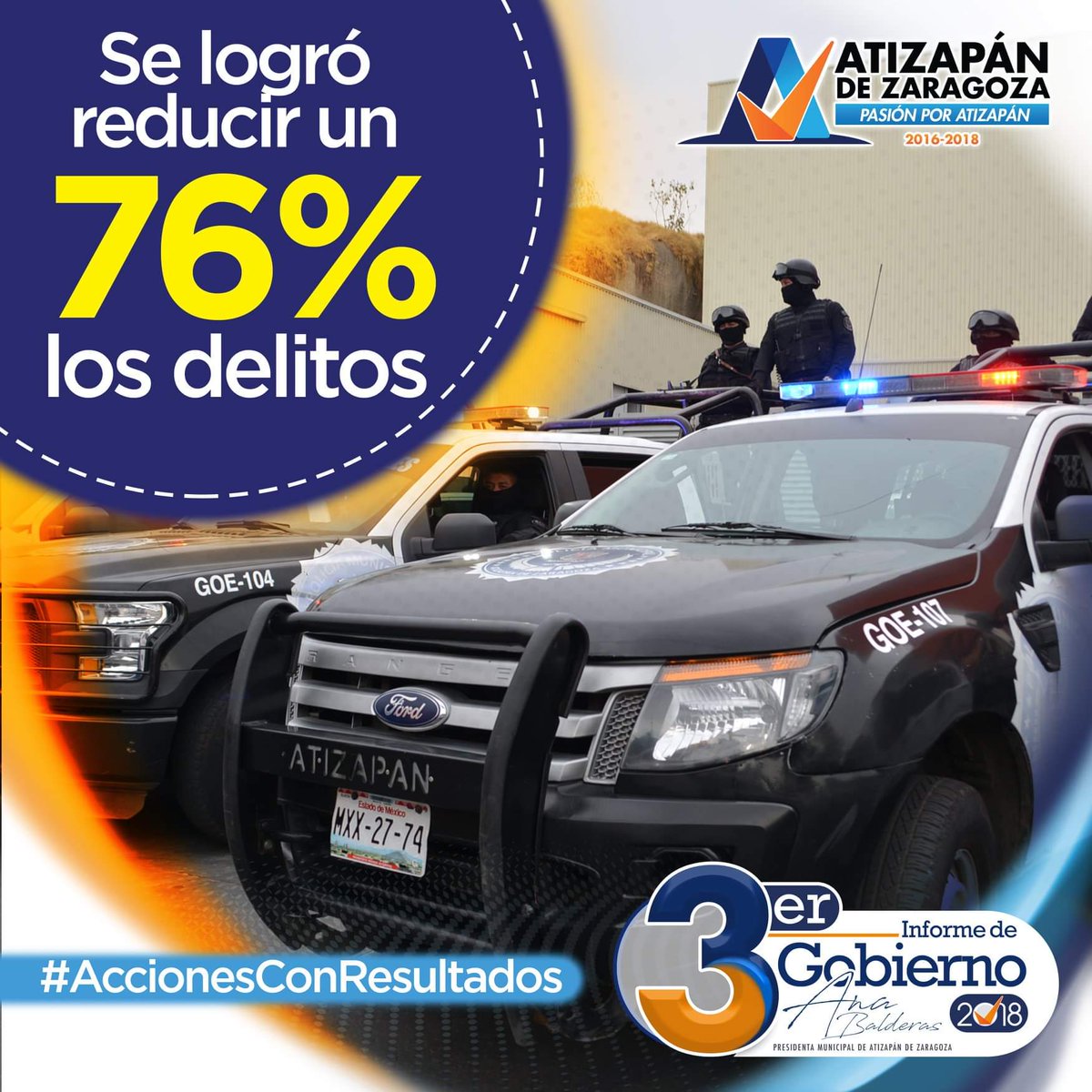AnaBalderasMx's tweet photo. Implementamos diversos dispositivos de seguridad en todo el territorio municipal, logrando disminuir un 76% la delincuencia en #Atizapán. Estas son  #AccionesConResultados, trabajamos con #PasiónPorAtizapán https://t.co/AZzD6xOijK