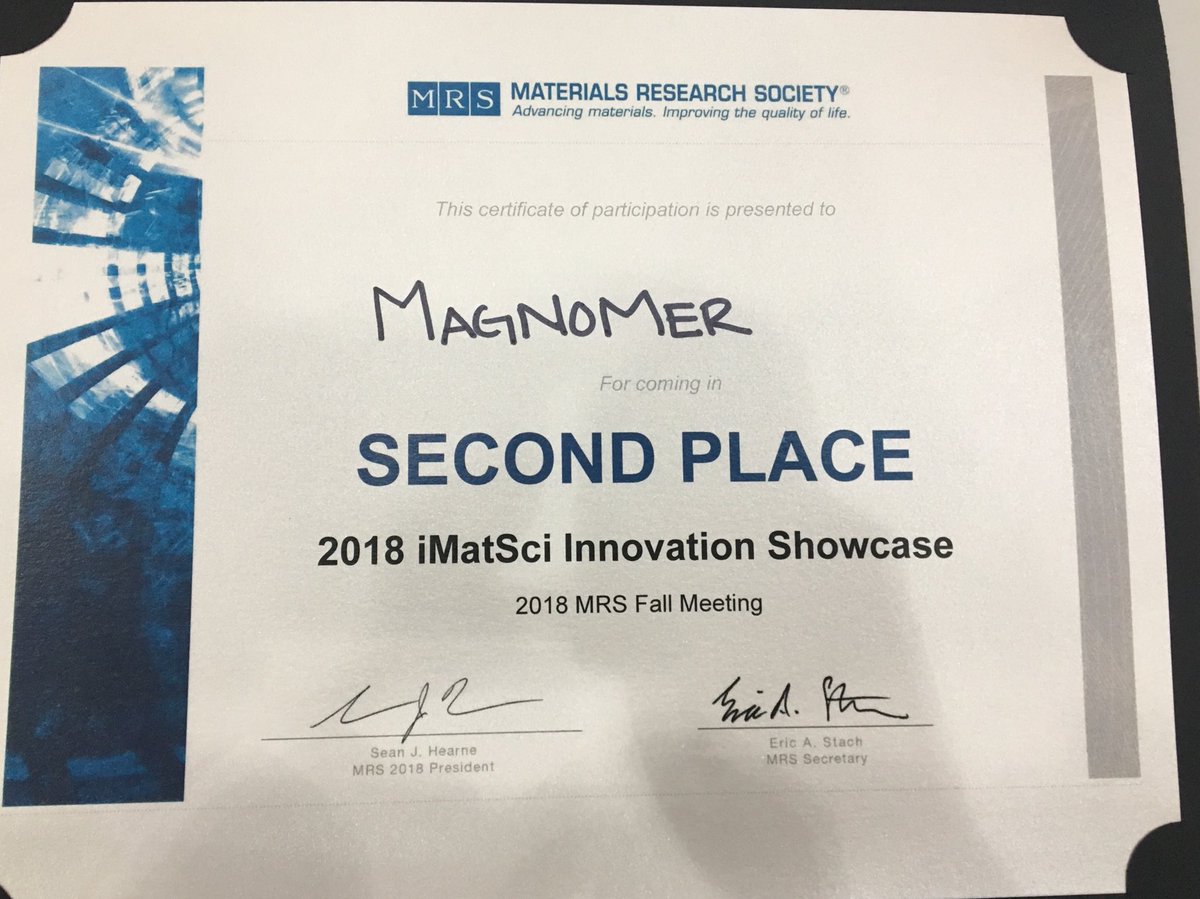 Magnomer2's tweet photo. Honored to be recognized at the #iMatSci innovation showcase held by @Materials_MRS. #design2recycle #materials #Sustainability https://t.co/U5u62ZLLYr