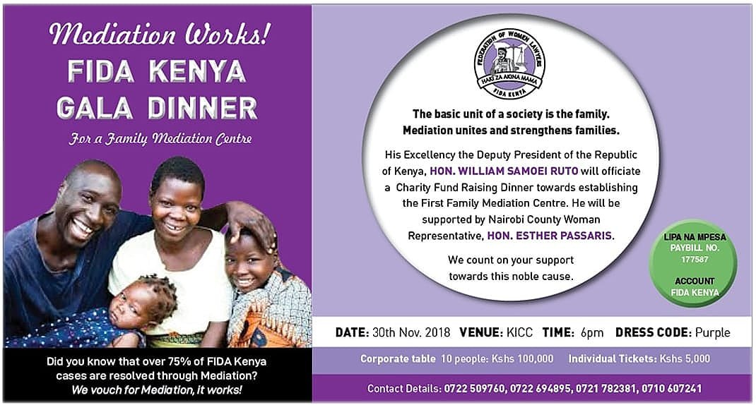 fidakenya's tweet photo. 70% of our cases are solved via mediation. We advocate for mediation at the first instance as away of settling family concerns. It saves time and money. Join us this Friday at the KICC from 6pm for #FIDADinnerEvent in raising funds for construction of our Family Mediation Center. https://t.co/9cQ6GUgNw9