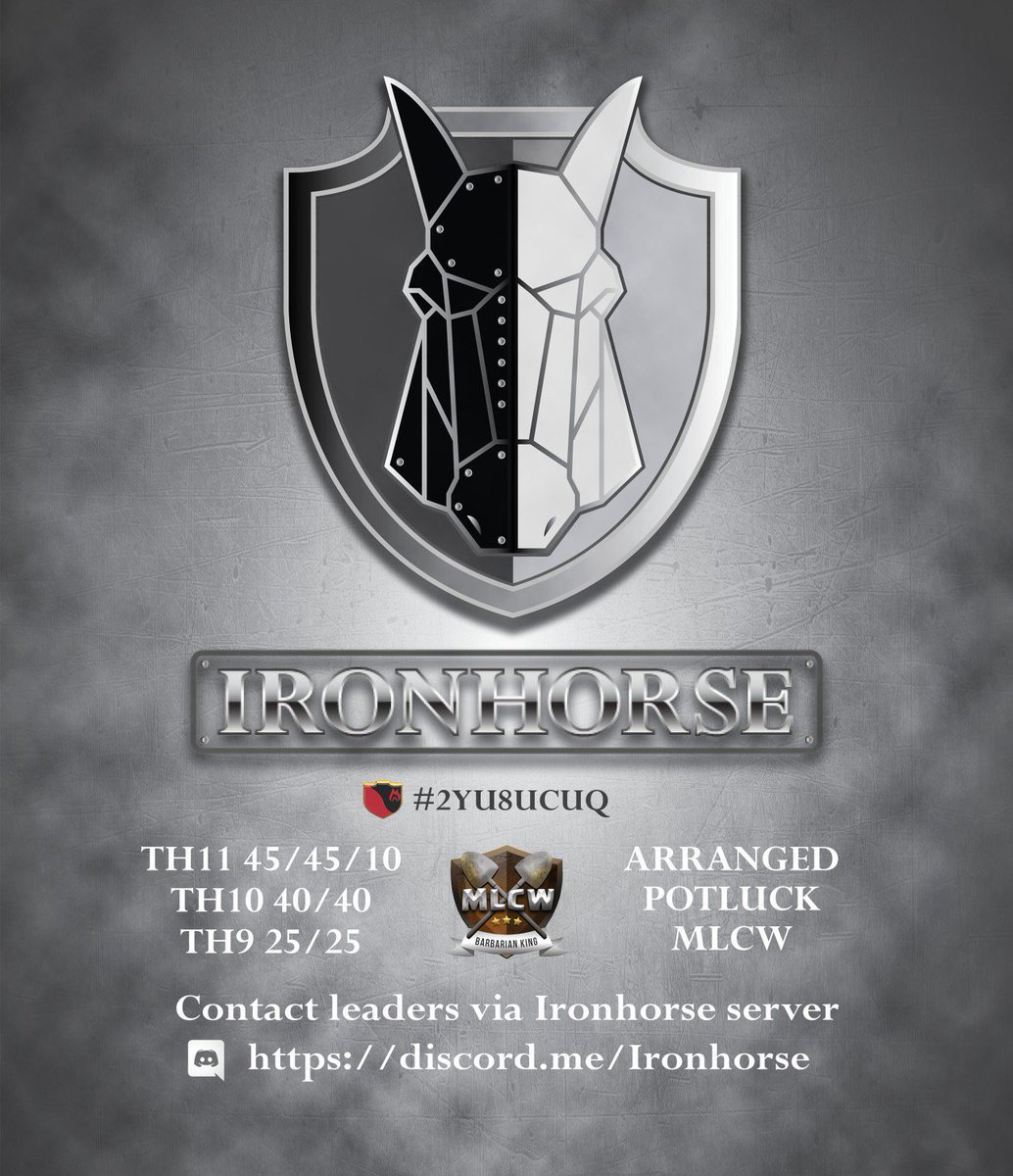 IronhorseCOC's tweet image. 🐴🌟💪I R O N H O R S E💪🌟🐴
BOOOOOOOOOM!!!
Got what it takes?
Then Join Up!

Now Recruiting Th10/11/12
For MLCW BKL S7

discord.me/Ironhorse

MLCW S6 BKL Finalist
Part of the Lost Meta Family of Clans
