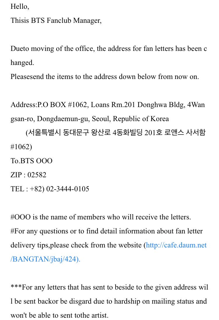 claire ⁷ 」 Twitter: [TRANS] [Announcement] Change of #BTS Fan Letter Address" / Twitter