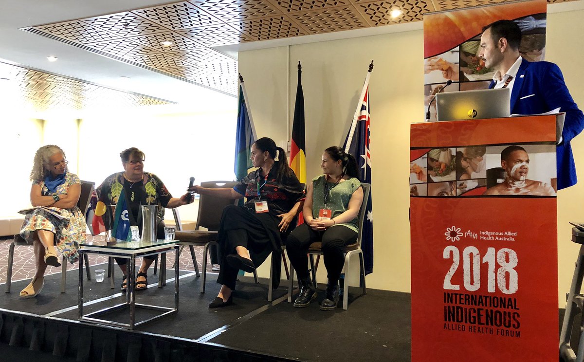 IAHA_National's tweet photo. Our line up of deadly ladies discussing ‘Culturally Safe Allied Health Curricula’ Stephanie Armstrong, Dr Alexandra King, Prof. Roianne West and Roxanne Waru. #IAHA_Forum18 https://t.co/bkBUI5S8eP