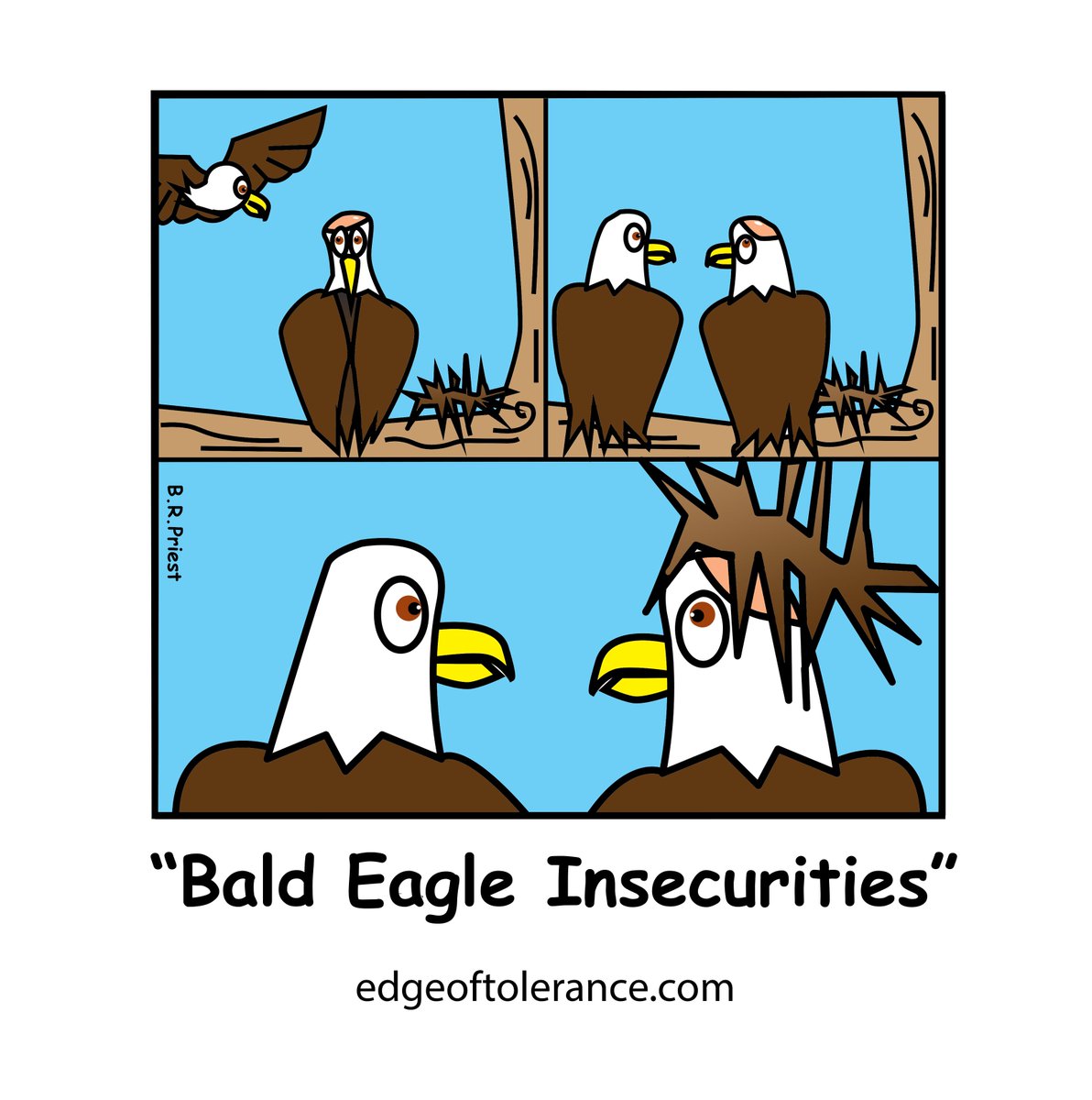 edgeoftolerance's tweet photo. The Edge of Tolerance Comic Strip "Bald Eagle Insecurities" by B.R.Priest
#theEDGEofTOLERANCE #comedy #humor #jokes #comics #ComicStrip #laughs #KindaFunny #MayBeOffensive #NotTestedOnAnimals https://t.co/VzcHsUDMzL